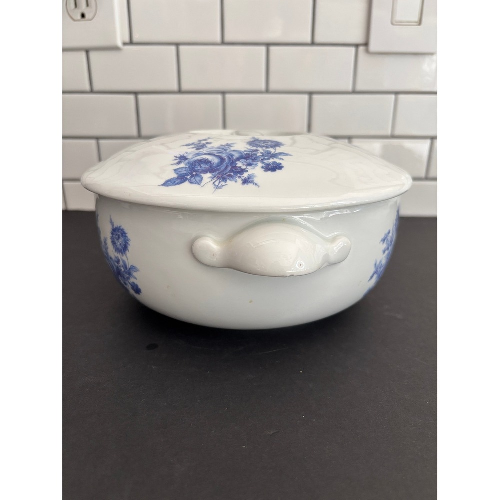 Apilco Blue White Floral Ceramic Tureen with Lid Round Serving Dish with Handles - Picture 6 of 13